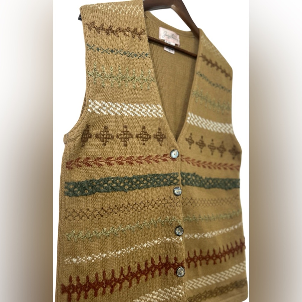 VINTAGE Jaclyn Smith Wool Blend Tan Embroidered Button-Up Knit Sweater Vest sMed - Picture 4 of 8